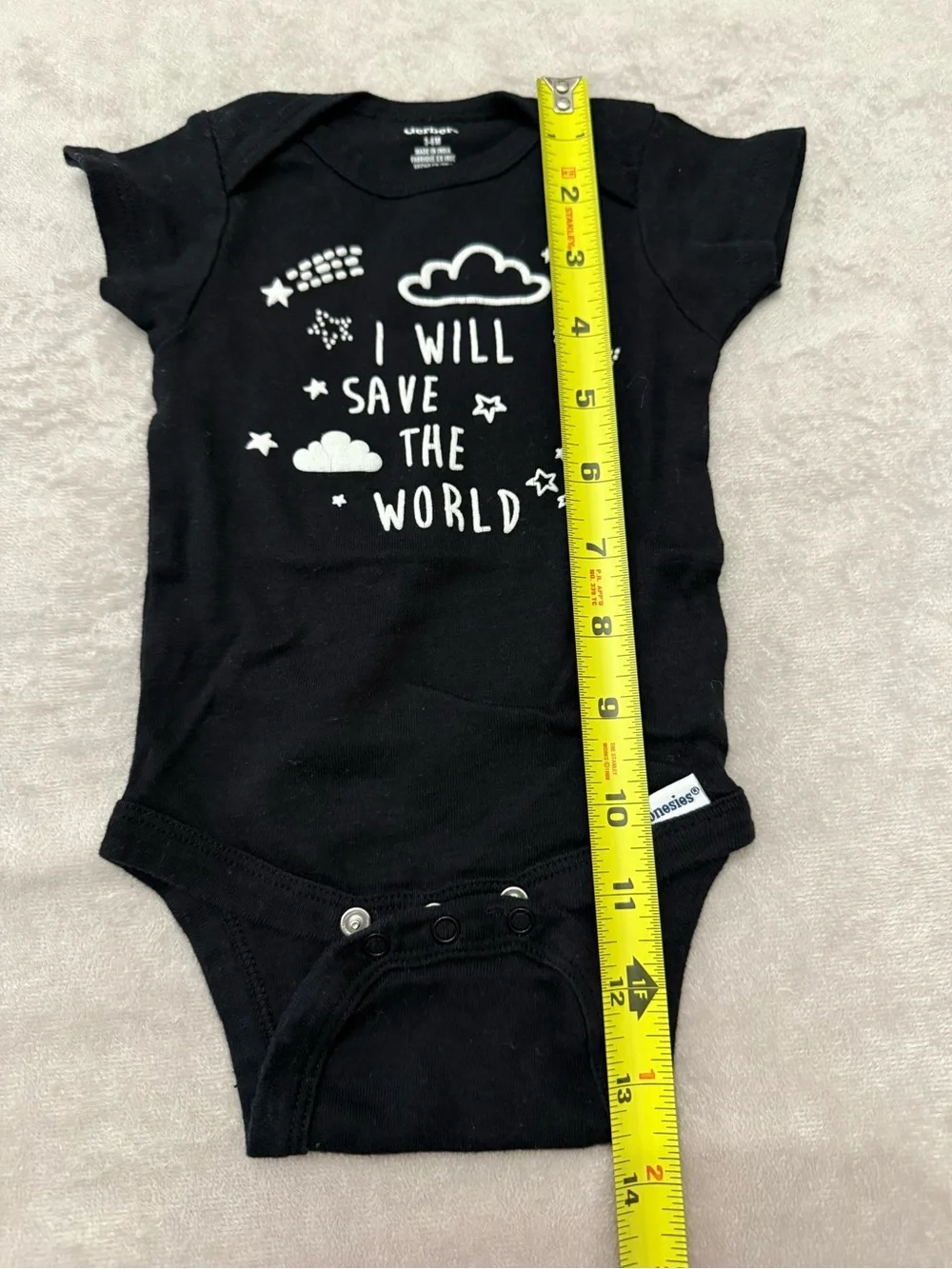 Gerber Baby Onesie 3-6 Months Black “I Will Save the World” Bodysuit 100% Cotton